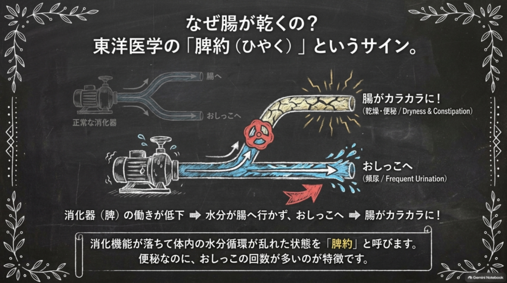 なぜ腸が乾くの？消化器（脾）の働きが低下し、水分が腸へ行かずに尿へ回ってしまう状態を東洋医学で「脾約（ひやく）」と呼ぶ