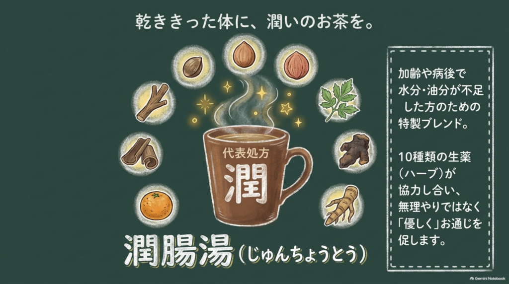 乾ききった体に潤いを。加齢や病後で水分・油分が不足した方のための、10種類の生薬からなる潤腸湯