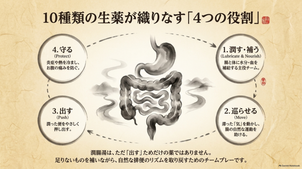 10種類の生薬が織りなす4つの役割：潤す・補う、巡らせる、出す、守る