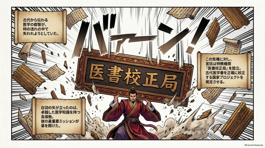 医書校正局の設立。古代医学書を正確に校正する国家プロジェクトに、医学知識を持つ高保衡が選ばれた