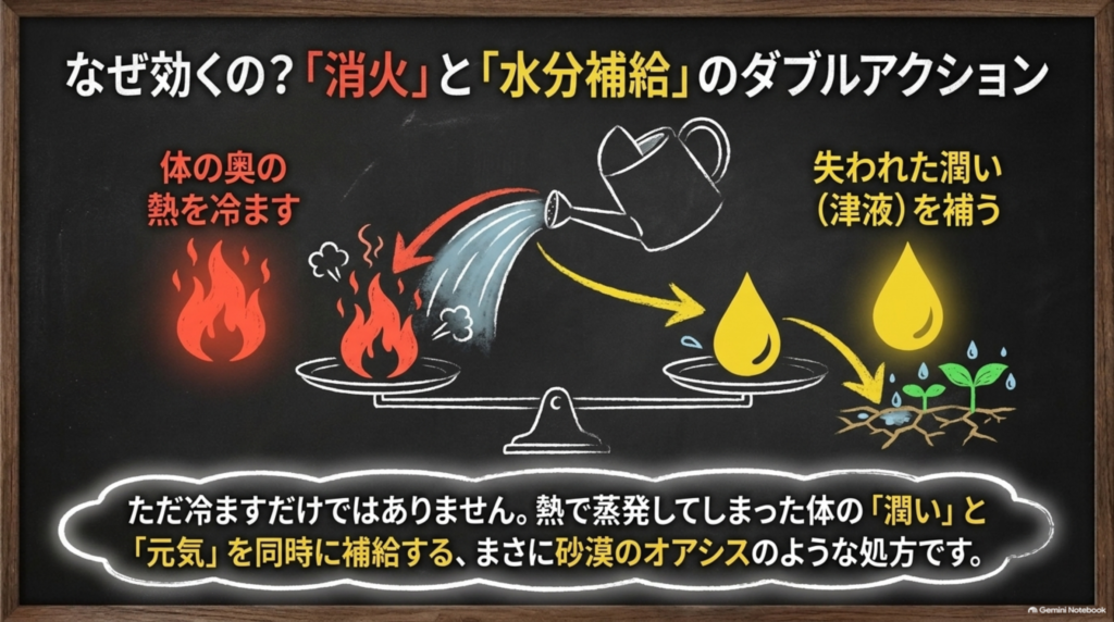 なぜ効くの?体の奥の熱を冷ます「消火」と、失われた潤い(津液)を補う「水分補給」のダブルアクション