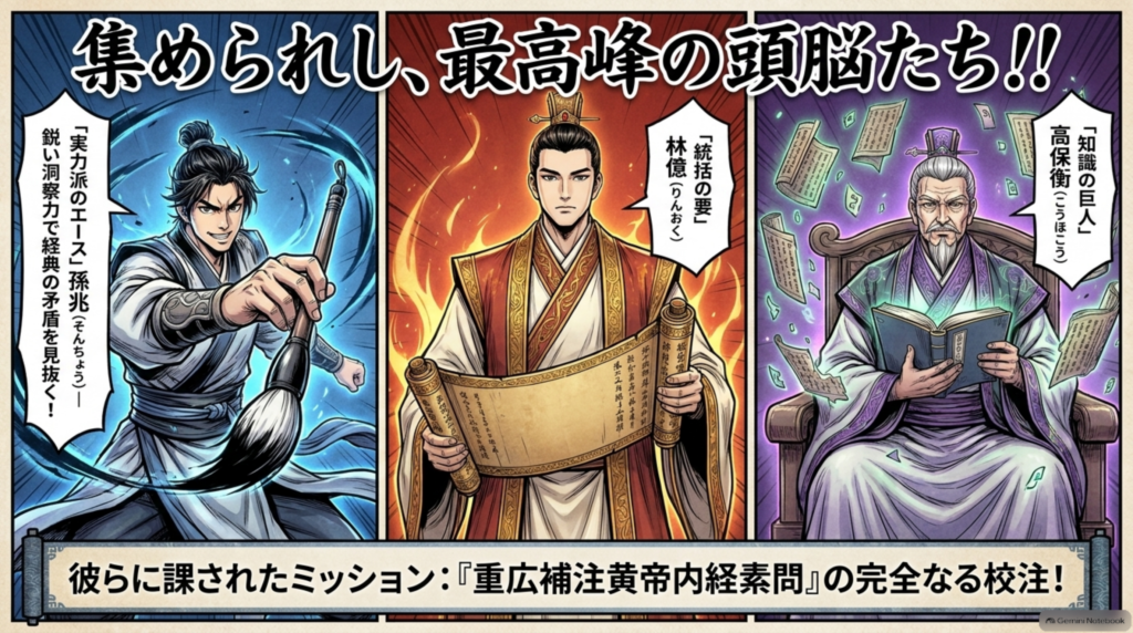 集められた最高峰の頭脳たち。実力派の孫兆、統括の林億、知識の巨人・高保衡に課されたのは『重広補注黄帝内経素問』の校注だった