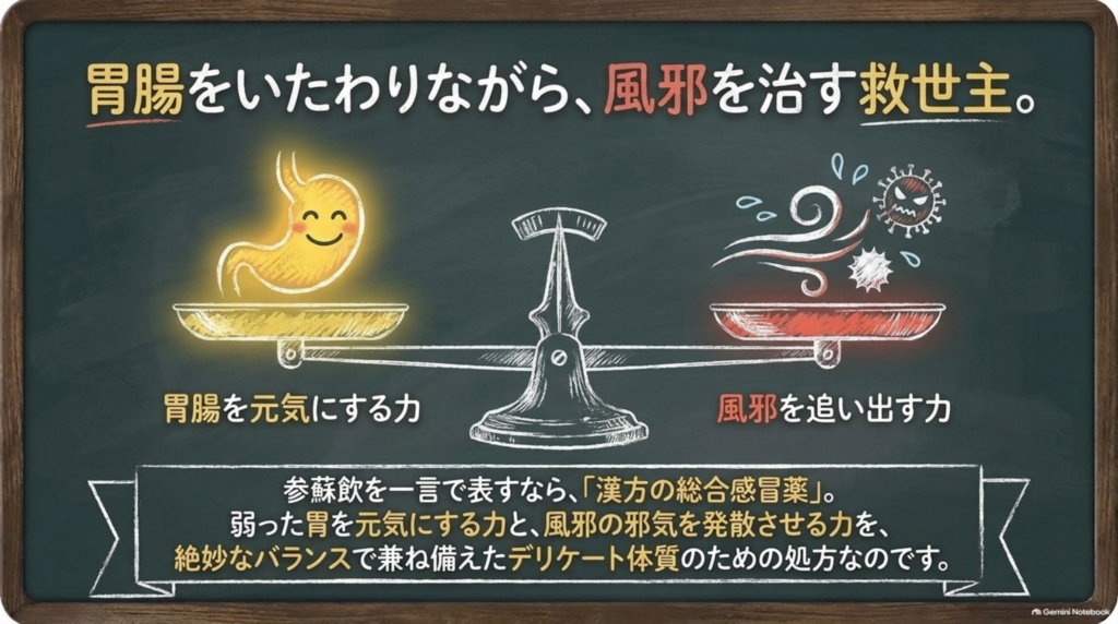 胃腸をいたわりながら風邪を治す救世主。胃腸を元気にする力と風邪を追い出す力を兼ね備えた漢方の総合感冒薬