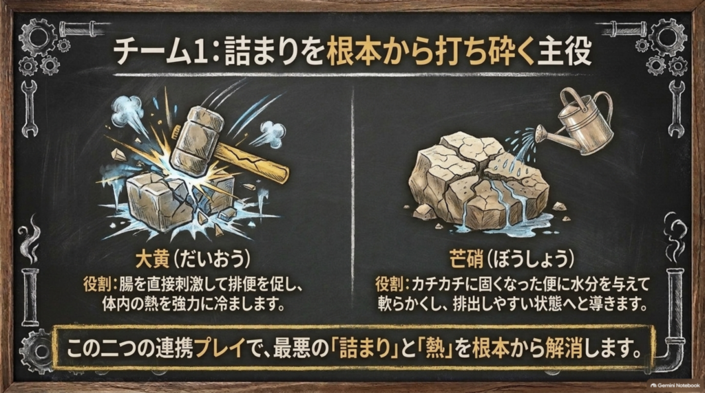 チーム1：大黄が腸を直接刺激して排便を促し熱を冷まし、芒硝が固くなった便に水分を与えて軟らかくする