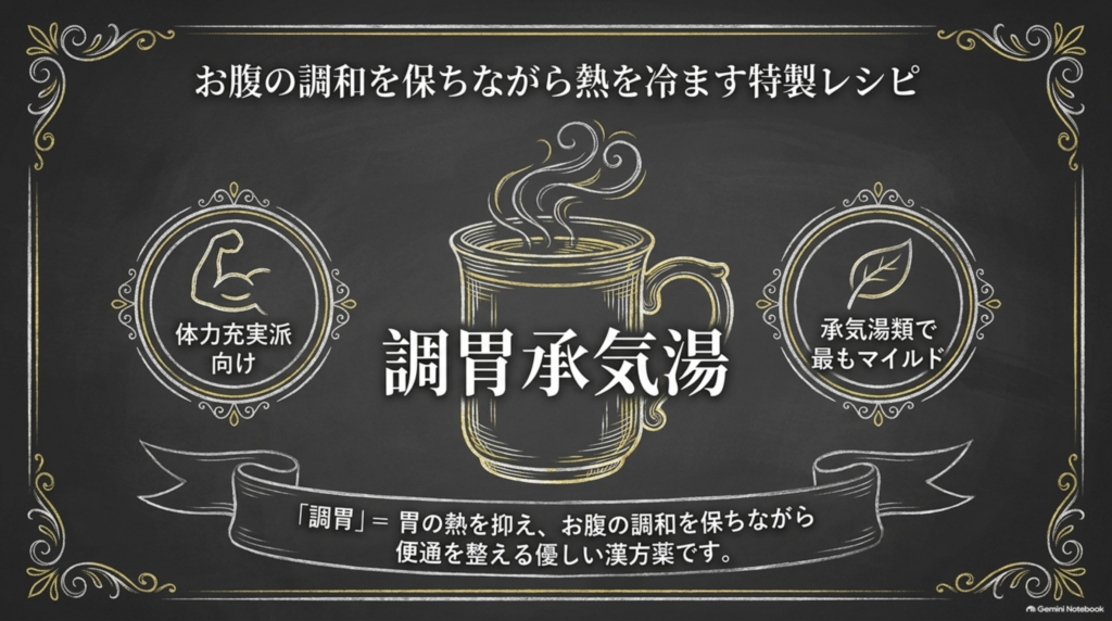 お腹の調和を保ちながら熱を冷ます特製レシピ「調胃承気湯」。体力充実派向けで、承気湯類の中で最もマイルド