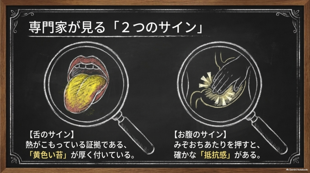 専門家が見る2つのサイン：舌に厚く付いた黄色い苔と、みぞおちあたりを押したときの抵抗感