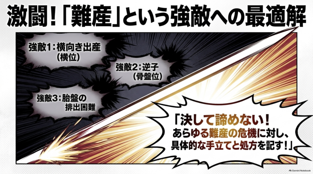 「難産」という強敵への最適解。横向き出産（横位）、逆子（骨盤位）、胎盤の排出困難に対し、具体的な手立てと処方を記した