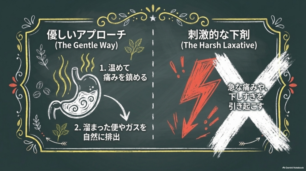優しいアプローチ:温めて痛みを鎮め、溜まった便やガスを自然に排出。刺激的な下剤のように急な痛みや下しすぎを起こさない
