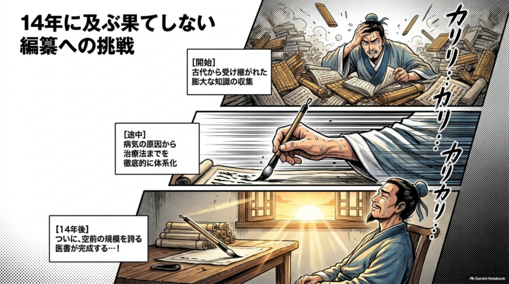 14年に及ぶ編纂への挑戦。古代から受け継がれた知識の収集、病気の原因から治療法までの体系化、そして空前の規模の医書が完成