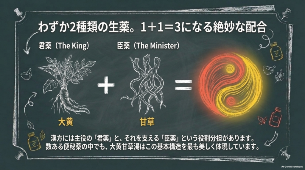 わずか2種類の生薬で1+1=3になる絶妙な配合。主役の君薬・大黄と、それを支える臣薬・甘草