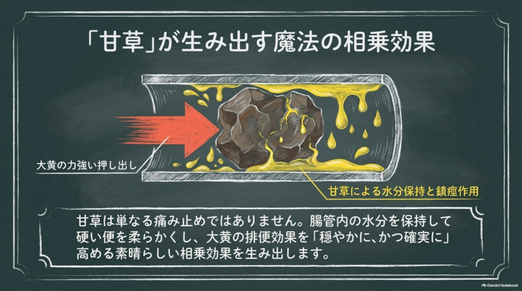 甘草が生み出す相乗効果：腸管内の水分を保持して硬い便を柔らかくし、大黄の排便効果を穏やかかつ確実に高める