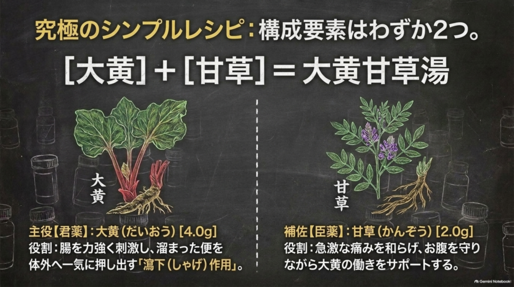 構成要素はわずか2つ：主役の君薬・大黄（4.0g）は瀉下作用、補佐の臣薬・甘草（2.0g）は急激な痛みを和らげ大黄の働きを支える