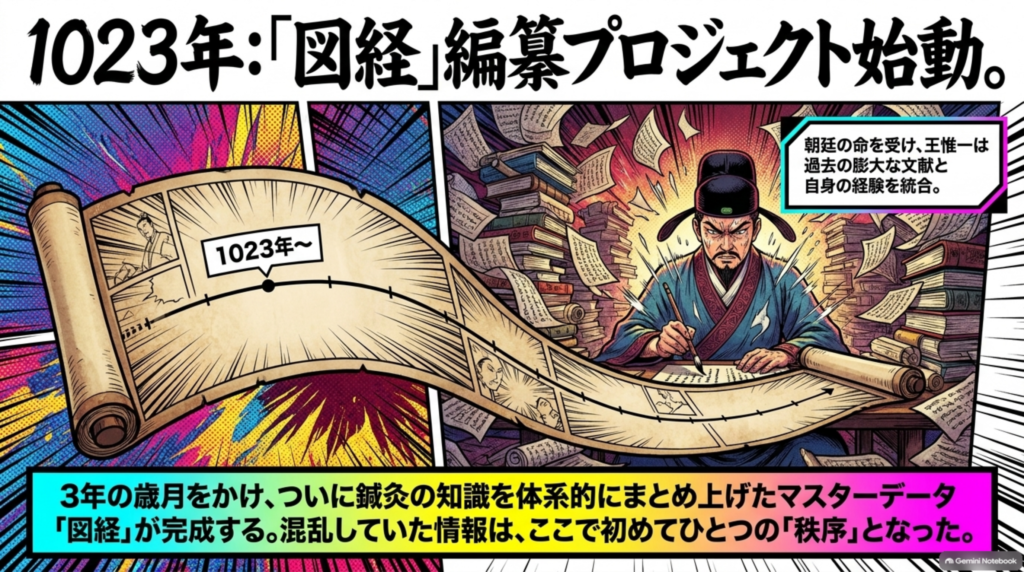 1023年、「図経」編纂プロジェクト始動。過去の膨大な文献と自身の経験を統合し、3年をかけて鍼灸の知識を体系的にまとめ上げた