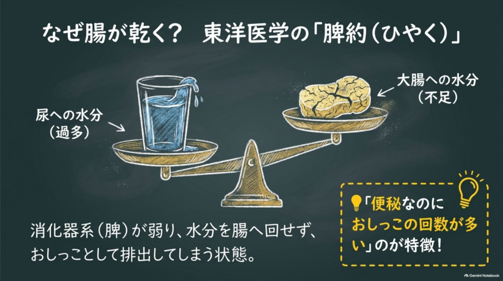 脾約（ひやく）：消化器系が弱り、水分を腸へ回せず尿として出してしまう状態。便秘なのに尿の回数が多いのが特徴