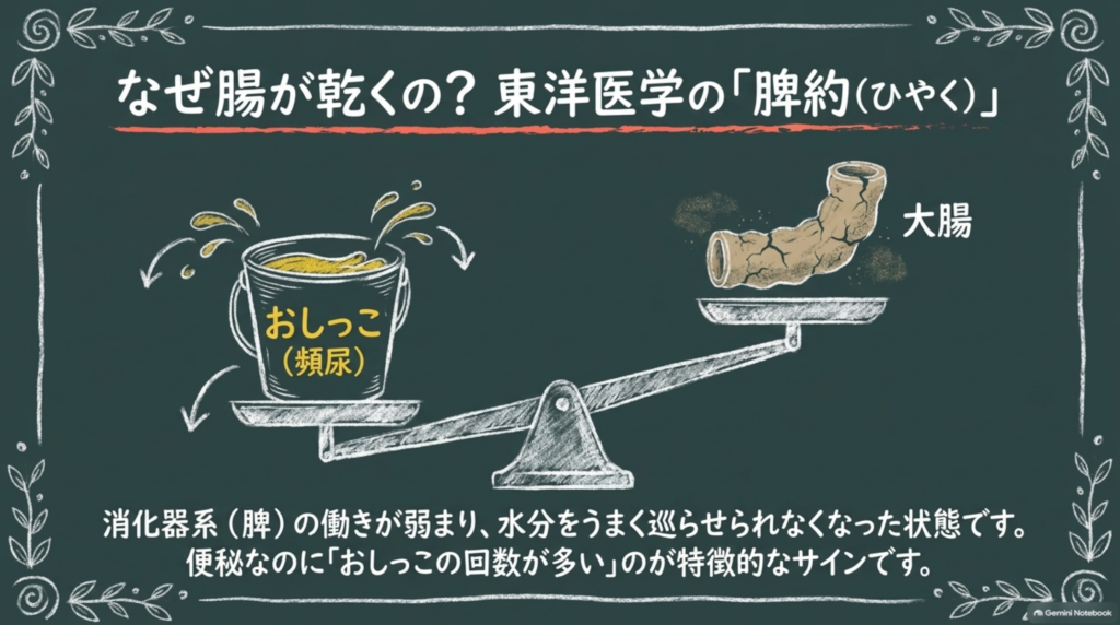 脾約とは消化器系の働きが弱まり、水分をうまく巡らせられなくなった状態。便秘なのに尿の回数が多いのが特徴的なサイン