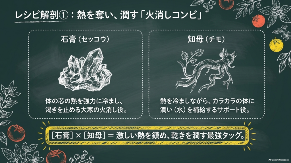 火消しコンビ:石膏は体の芯の熱を強力に冷まして渇きを止め、知母は熱を冷ましながら体に潤いを補給する