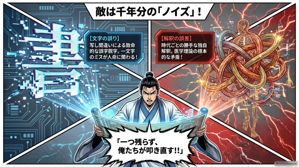 敵は千年分のノイズ。写し間違いによる誤字脱字と、時代ごとの勝手な解釈が医学理論に矛盾を生んでいた