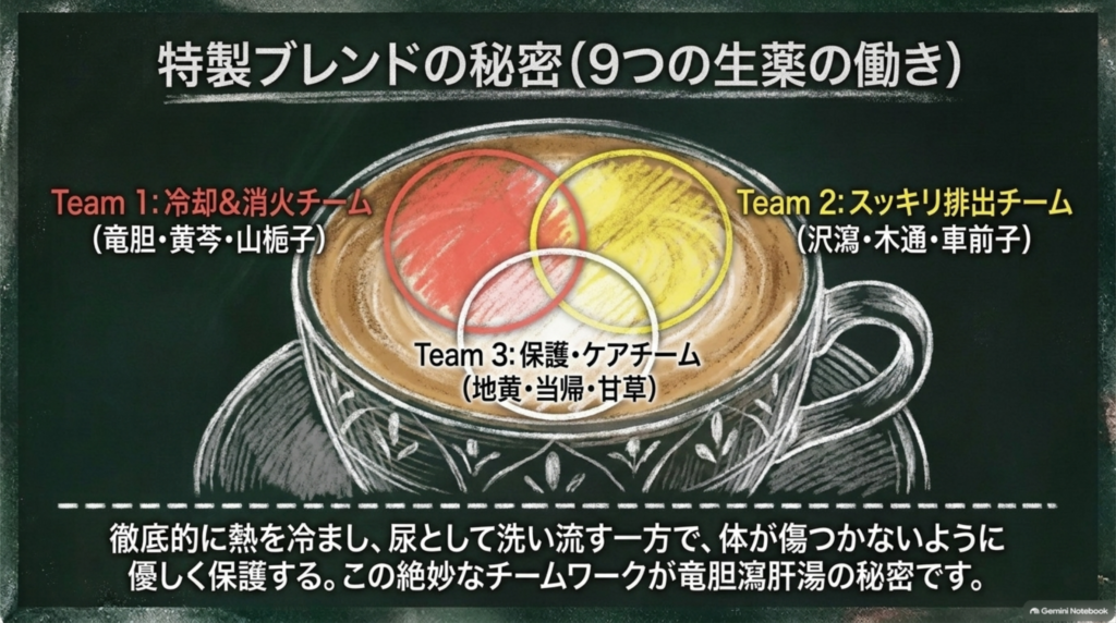 竜胆瀉肝湯の生薬は3つのチーム。冷却・消火チーム（竜胆・黄芩・山梔子）、排出チーム（沢瀉・木通・車前子）、保護・ケアチーム（地黄・当帰・甘草）