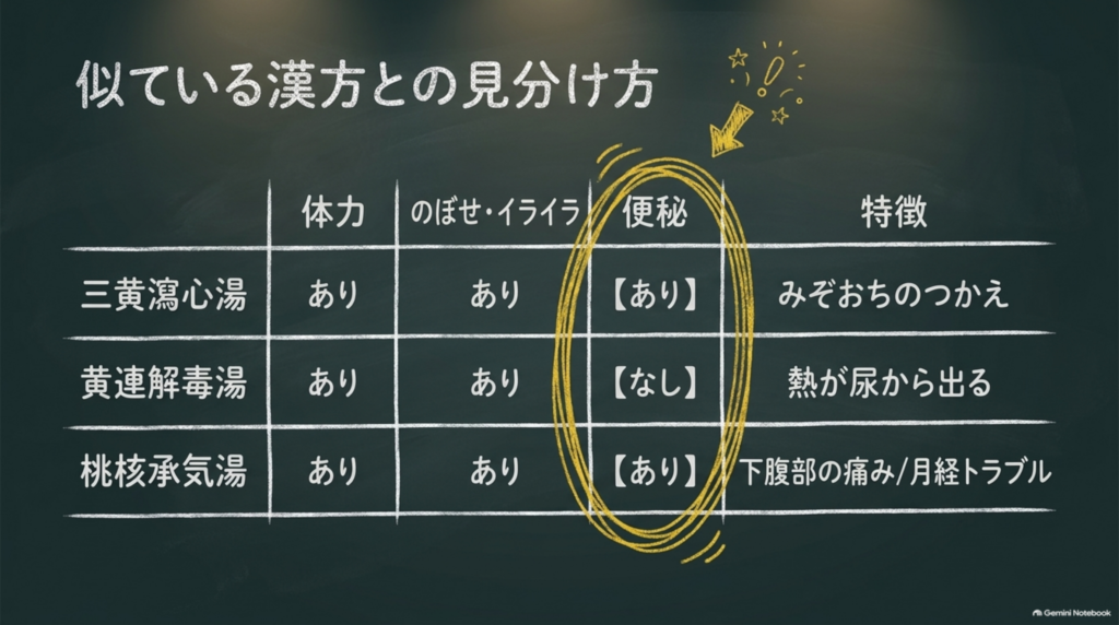 似ている漢方との見分け方。三黄瀉心湯は便秘あり、黄連解毒湯は便秘なし、桃核承気湯は便秘に下腹部の痛みや月経トラブルを伴う