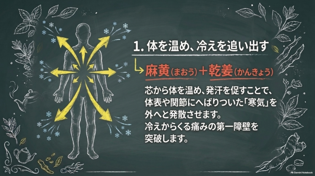体を温め、冷えを追い出す:麻黄と乾姜が芯から体を温め、こびりついた寒気を外へ発散させる