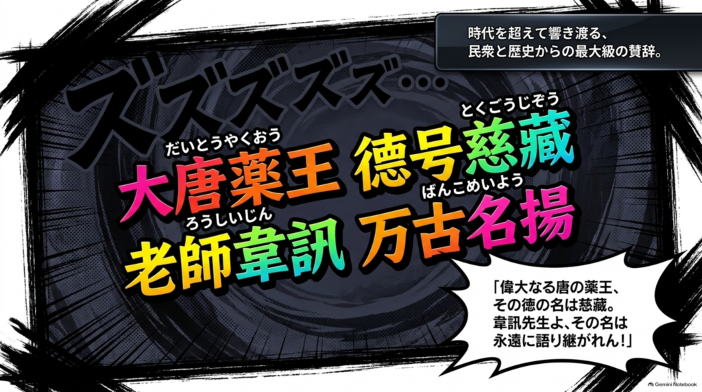 大唐薬王 徳号慈藏 老師韋訊 万古名揚。偉大なる唐の薬王、その徳の名は慈藏、韋訊先生の名は永遠に語り継がれる