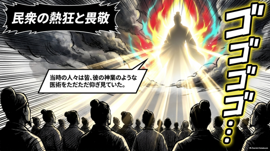 民衆の熱狂と畏敬。当時の人々は皆、彼の神業のような医術をただただ仰ぎ見ていた