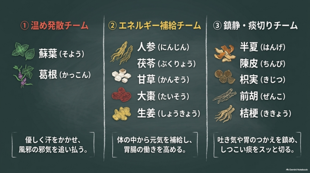 参蘇飲の12の生薬:蘇葉・葛根/人参・茯苓・甘草・大棗・生姜/半夏・陳皮・枳実・前胡・桔梗