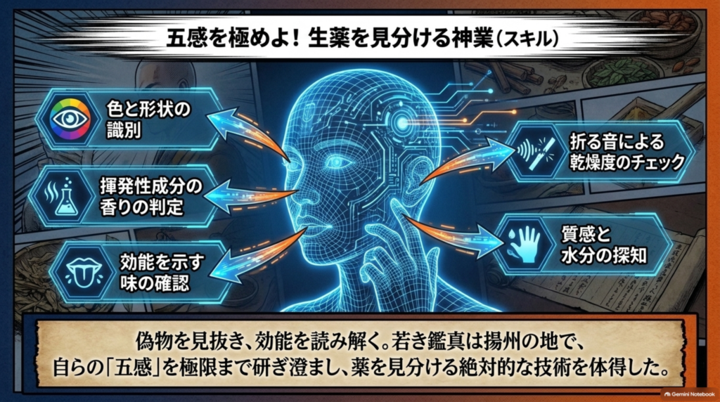 生薬を見分ける五感の技：色と形状、香り、味、折る音による乾燥度、質感と水分を見極める