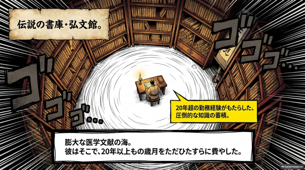 伝説の書庫・弘文館。膨大な医学文献の海で、王燾は20年以上もの歳月をひたすら費やした