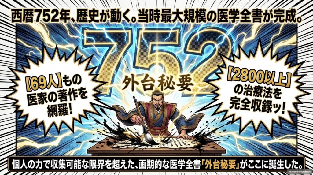 西暦752年、当時最大規模の医学全書『外台秘要』が完成。69人の医家の著作を網羅し、2800以上の治療法を収録