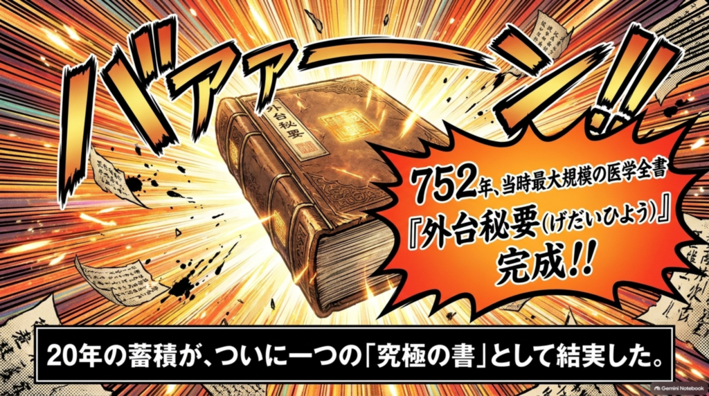 752年、当時最大規模の医学全書『外台秘要（げだいひよう）』完成。20年の蓄積がついに一つの書として結実した