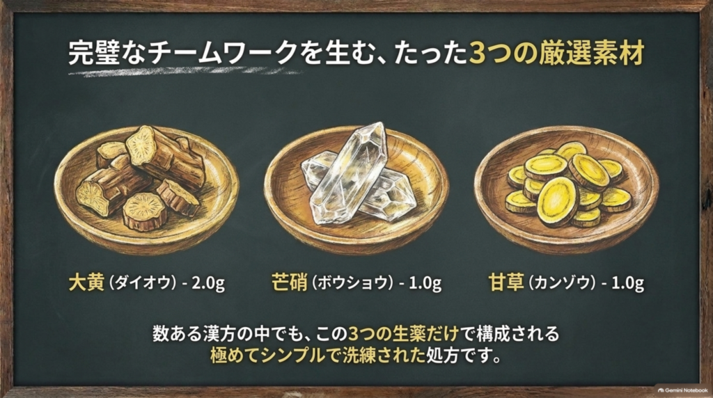 たった3つの生薬からなるシンプルな処方：大黄（だいおう）・芒硝（ぼうしょう）・甘草（かんぞう）