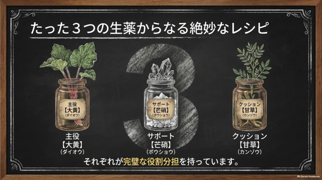 3つの生薬の役割分担：主役の大黄、サポートの芒硝、クッション役の甘草