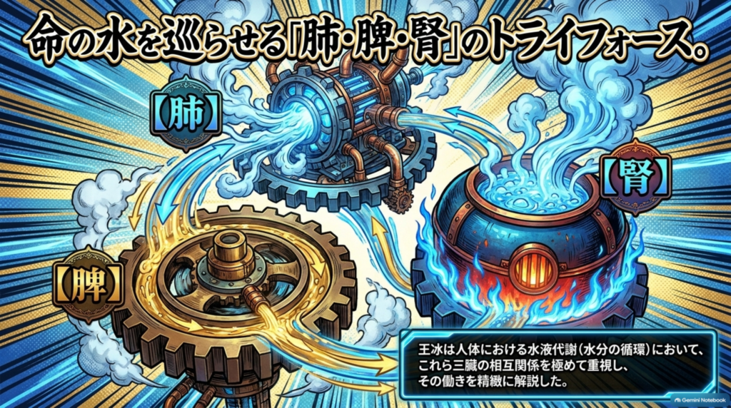 命の水を巡らせる「肺・脾・腎」。王冰は水液代謝においてこれら三臓の相互関係を極めて重視した