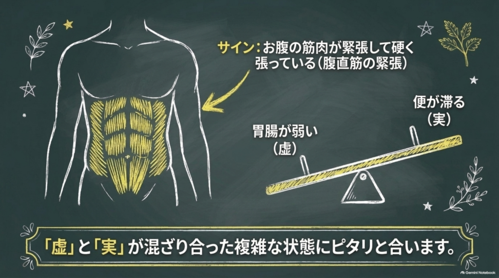 サイン:お腹の筋肉が緊張して硬く張っている(腹直筋の緊張)。胃腸が弱い「虚」と便が滞る「実」が混ざり合った状態に合う