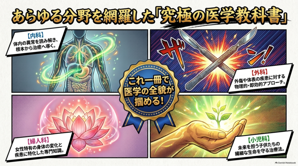 あらゆる分野を網羅した究極の医学教科書。内科・外科・婦人科・小児科の全貌が一冊で掴める