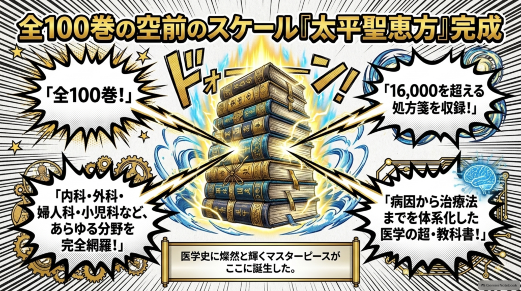 全100巻の空前のスケール『太平聖恵方』完成。16,000を超える処方箋、内科・外科・婦人科・小児科などあらゆる分野を網羅