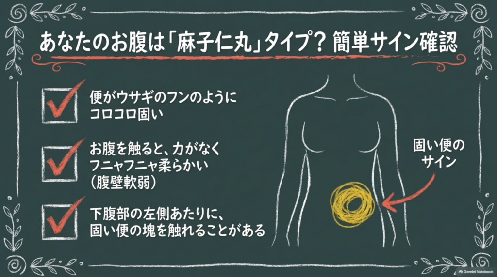 あなたのお腹は麻子仁丸タイプ？便がコロコロ硬い、お腹を触ると力がなく柔らかい、下腹部の左側に硬い便の塊を触れることがある