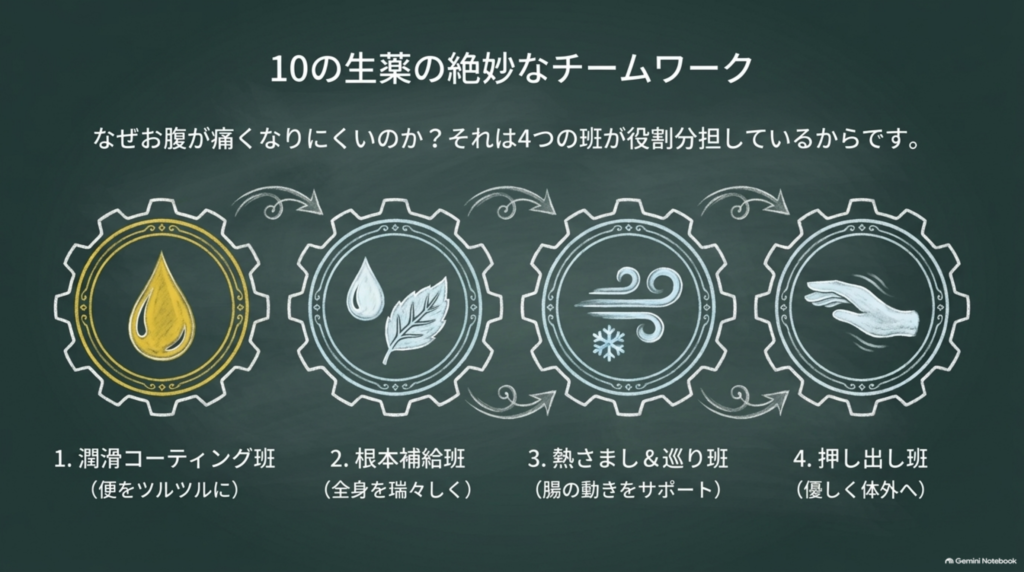 10の生薬のチームワーク：潤滑コーティング班、根本補給班、熱さまし＆巡り班、押し出し班
