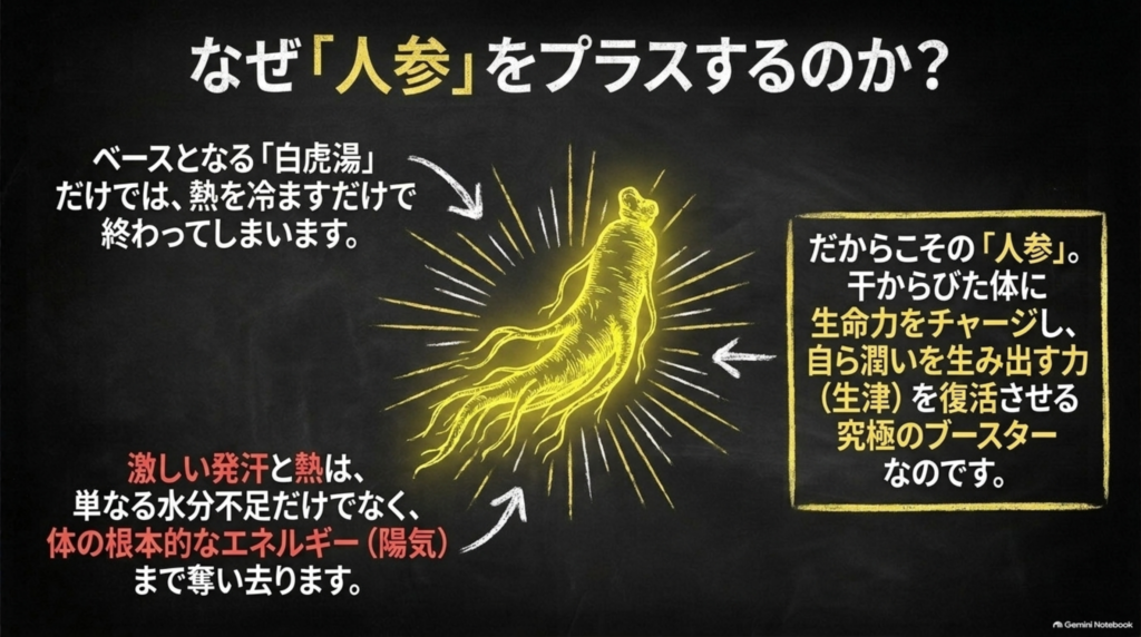 なぜ人参をプラスするのか。熱を冷ますだけの白虎湯に人参を加え、汗と熱で奪われたエネルギーを補い、自ら潤いを生み出す力を回復させる