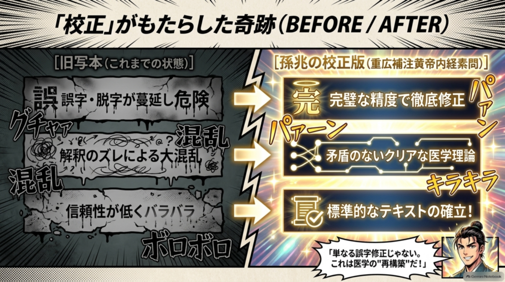 校正がもたらした変化。誤字脱字と解釈の混乱に満ちた旧写本が、矛盾のない標準テキストへと生まれ変わった