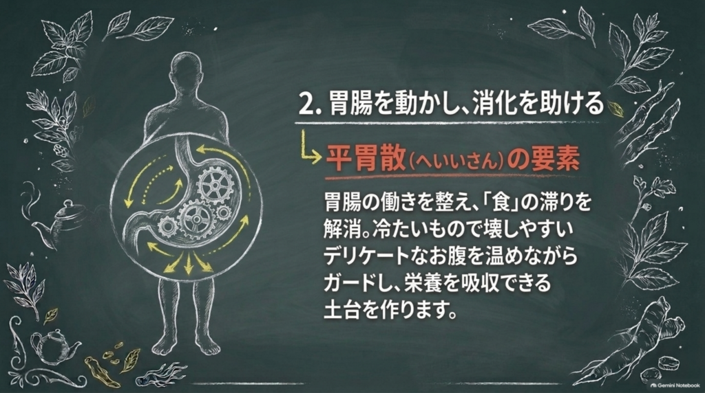 胃腸を動かし消化を助ける:平胃散の要素が食の滞りを解消し、冷えたお腹を温める
