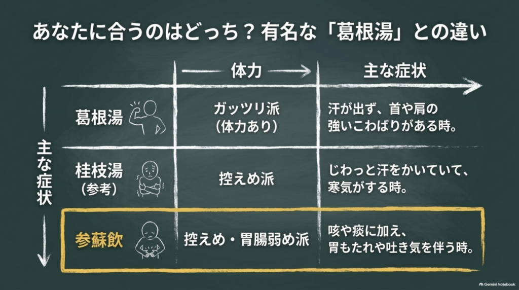 あなたに合うのはどっち?葛根湯・桂枝湯・参蘇飲の体力と主な症状の違い
