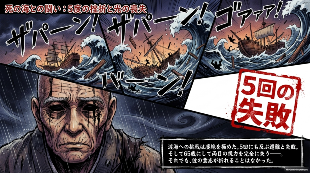 海との闘い：5度の挫折と光の喪失。65歳にして両目の視力を失っても、鑑真の意志は折れなかった