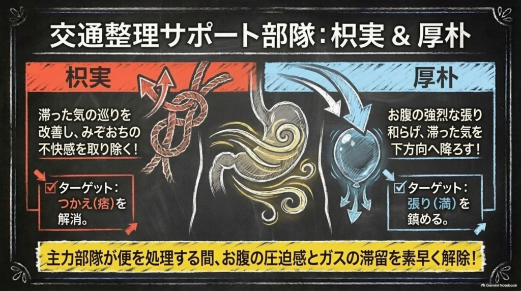 交通整理サポート部隊・枳実＆厚朴：つかえ（痞）と張り（満）を解消し、お腹の圧迫感とガスの滞留を解除