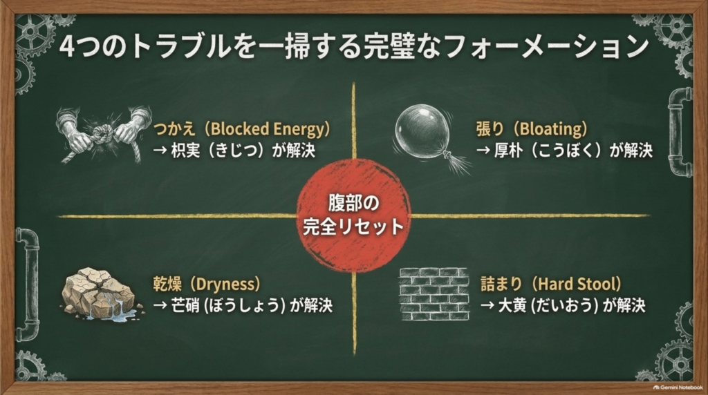 4つのトラブルを一掃するフォーメーション：つかえは枳実、張りは厚朴、乾燥は芒硝、詰まりは大黄が解決