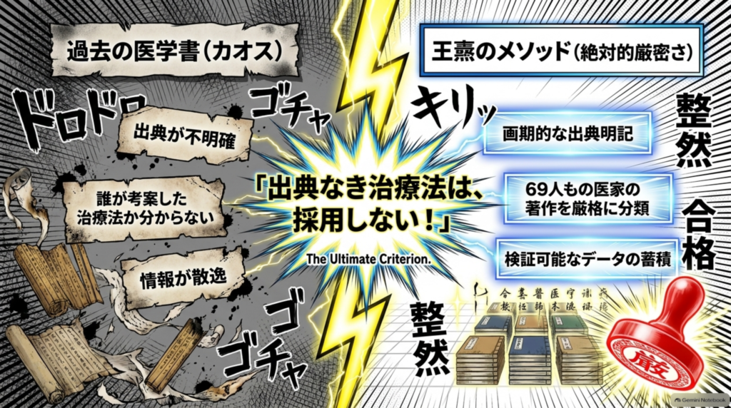 過去の医学書は出典が不明確だった。王燾のメソッドは「出典なき治療法は採用しない」という絶対的厳密さ
