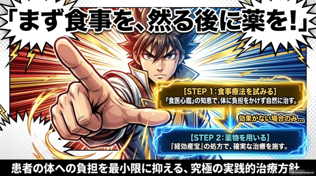 「まず食事を、然る後に薬を」。STEP1で食事療法を試み、効果がない場合のみSTEP2で薬物を用いる昝殷の治療方針