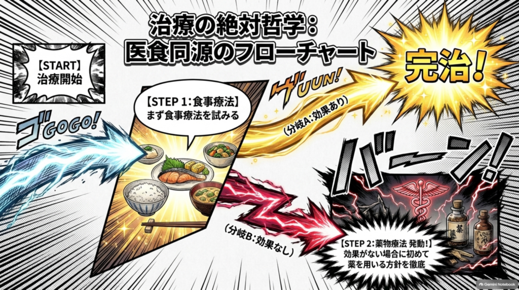 医食同源のフローチャート：まず食事療法を試み、効果がない場合に初めて薬を用いる