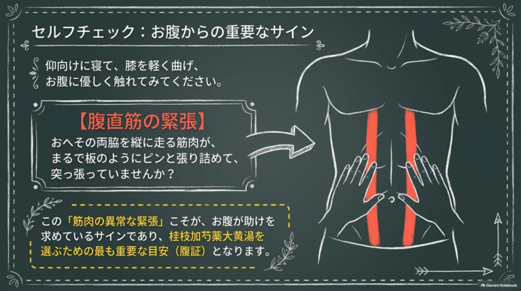 セルフチェック:仰向けで膝を軽く曲げ、お腹に触れてみる。おへその両脇を縦に走る腹直筋が板のように張り詰めているのが重要な目安(腹証)